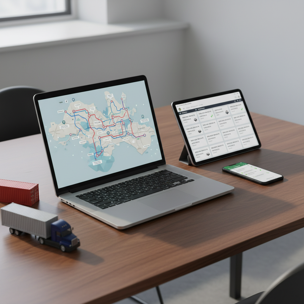 A modern office-style logistics planning desk featuring a sleek dark wood surface with a large, open laptop showing a detailed route optimization map across a stylized regional landscape. Beside it lies a tablet displaying real-time shipment status cards and a smartphone with push notifications of delivered cargo, all aligned neatly. A small model cargo truck and a miniature container sit nearby as tangible symbols of freight. Soft daylight from an unseen window illuminates the workspace, creating gentle shadows and subtle reflections on the devices’ glass screens. Photographed from a slightly elevated, three-quarter angle with a clean, minimalist background, the photographic realism and organized composition convey strategic planning, consulting expertise, and tailored logistics solutions.