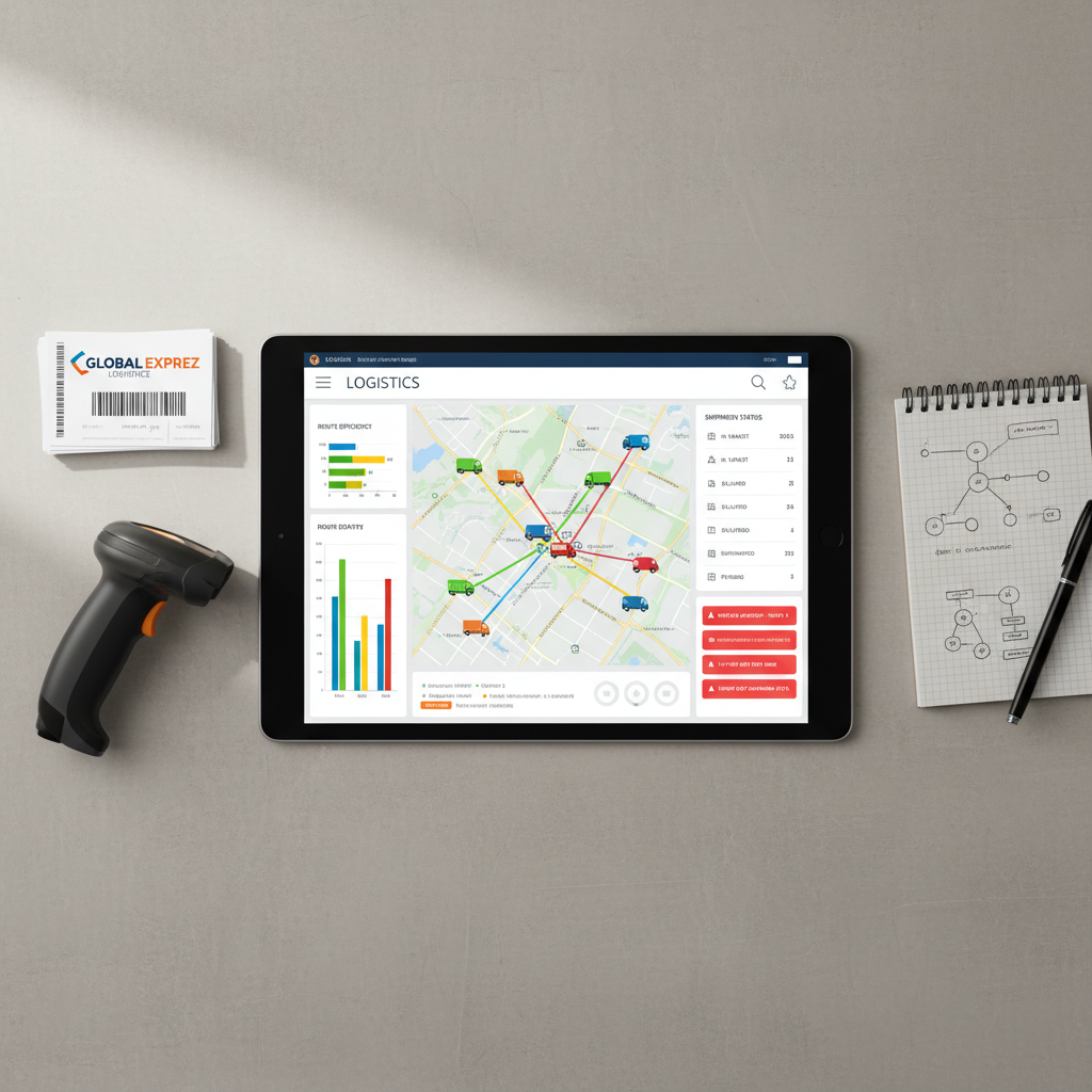 A precise overhead photographic view of a large digital tablet lying on a neutral gray desk, its screen displaying a clear, colorful logistics dashboard with real-time tracking of multiple shipments, route efficiency graphs, and status alerts. Around the tablet are neatly arranged logistics tools: a small stack of branded shipping labels, a handheld barcode scanner, and a compact notepad with tidy diagrams of route nodes. Soft, diffused natural light from the side produces minimal shadows and a calm, balanced tone. The composition is top-down and symmetrical, with sharp focus on every detail, emphasizing clarity, transparency, and total visibility of the logistics process in a clean, modern, professional style.